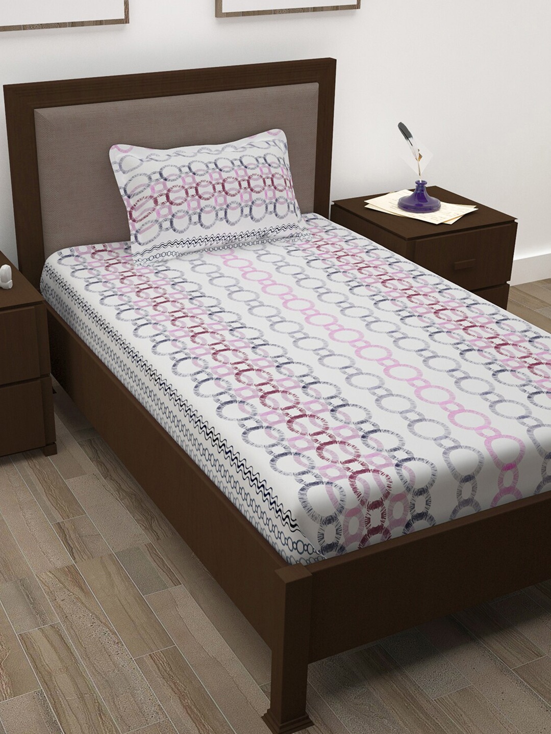 

Story@home White & Pink Printed Cotton 144 TC Single Bedsheet with Pillow Cover