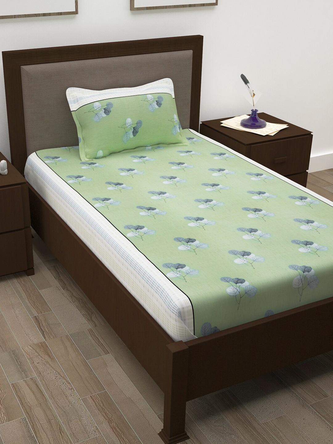 

Story@home Green & Grey Printed Cotton 144 TC Single Bedsheet with Pillow Cover