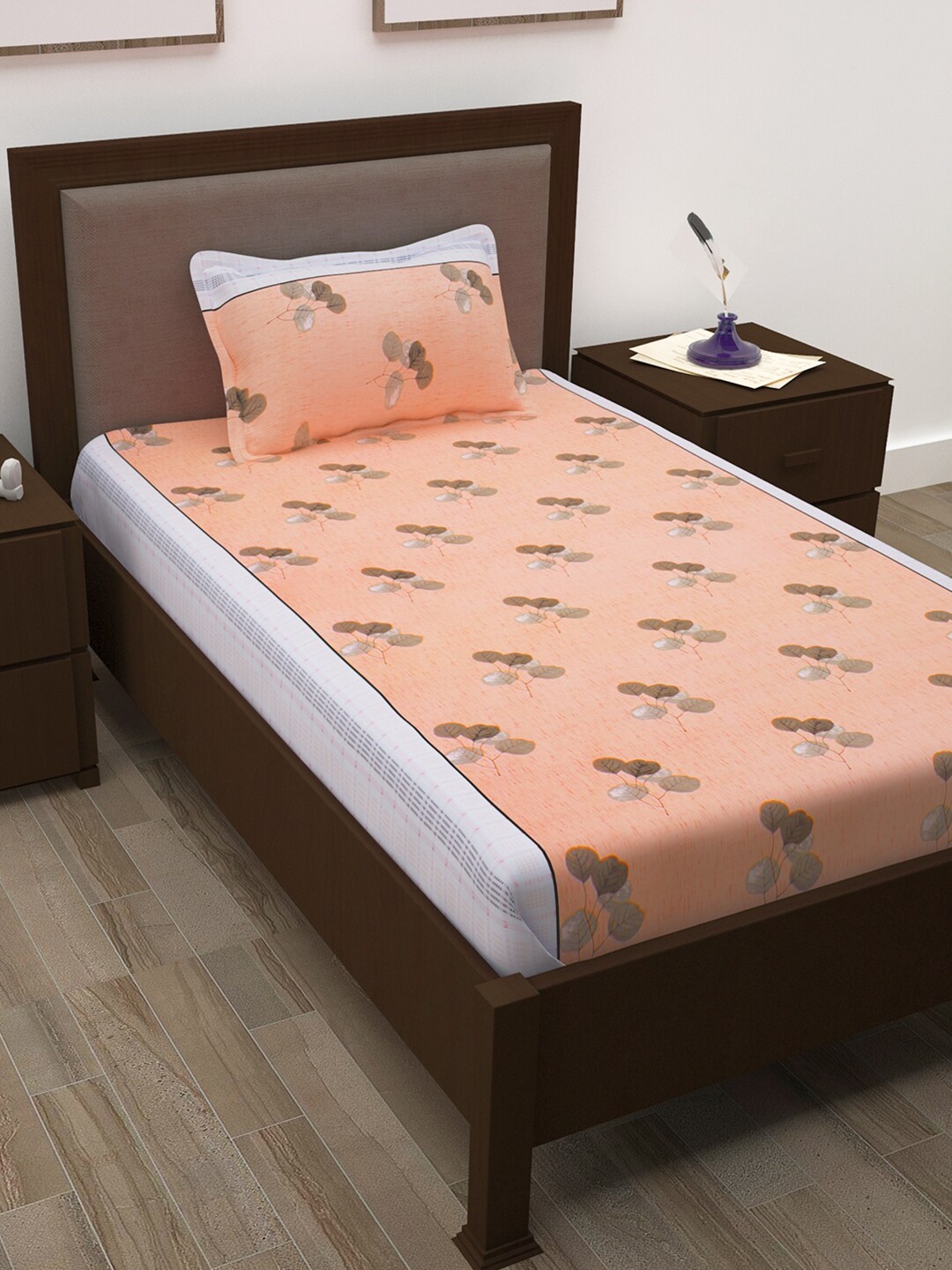 

Story@home Peach-Coloured Printed Cotton 144 TC Single Bedsheet With 1 Pillow Cover