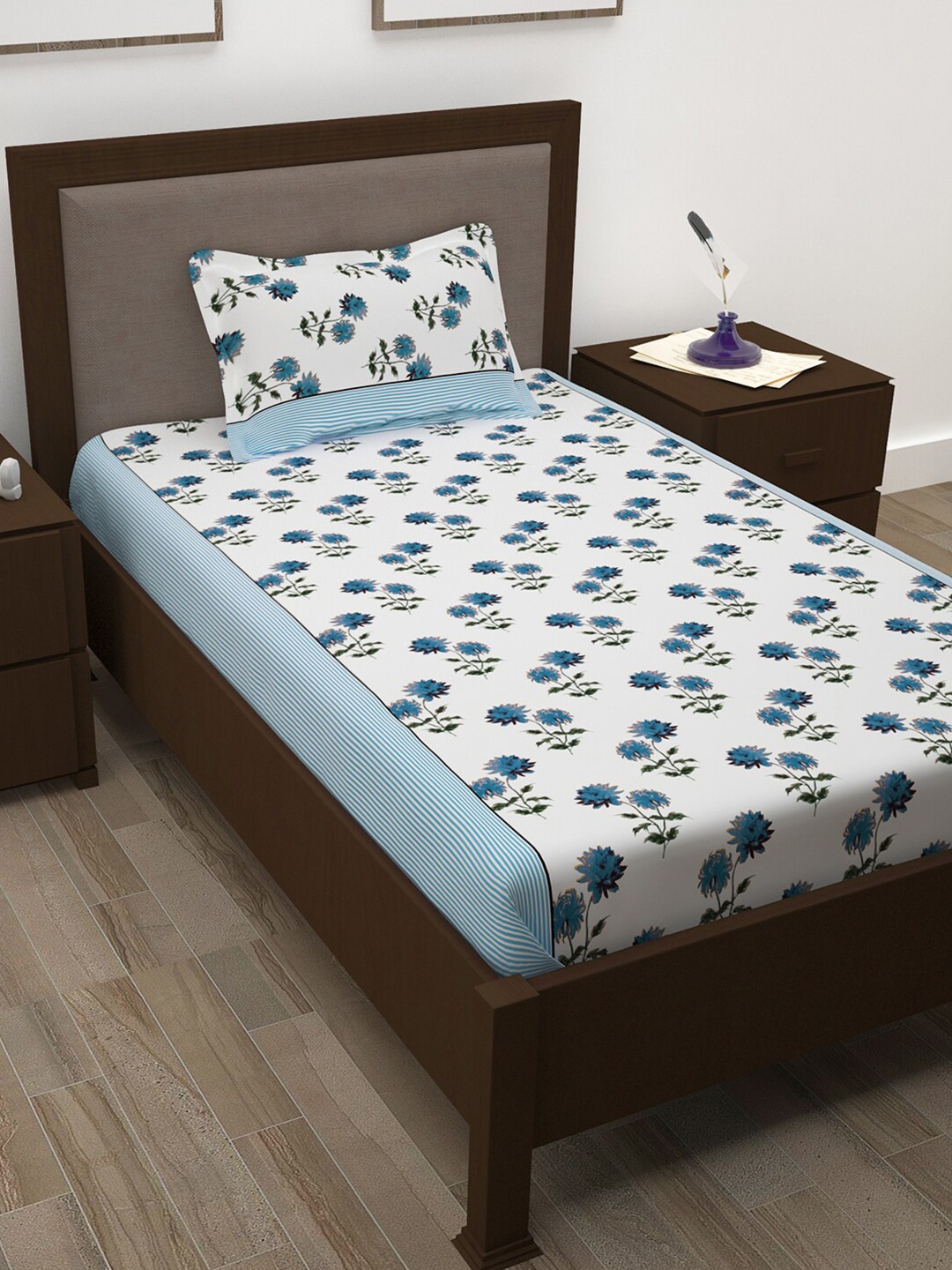 

Story@home White & Blue Floral Cotton 144 TC Single Bedsheet with 1 Pillow Cover