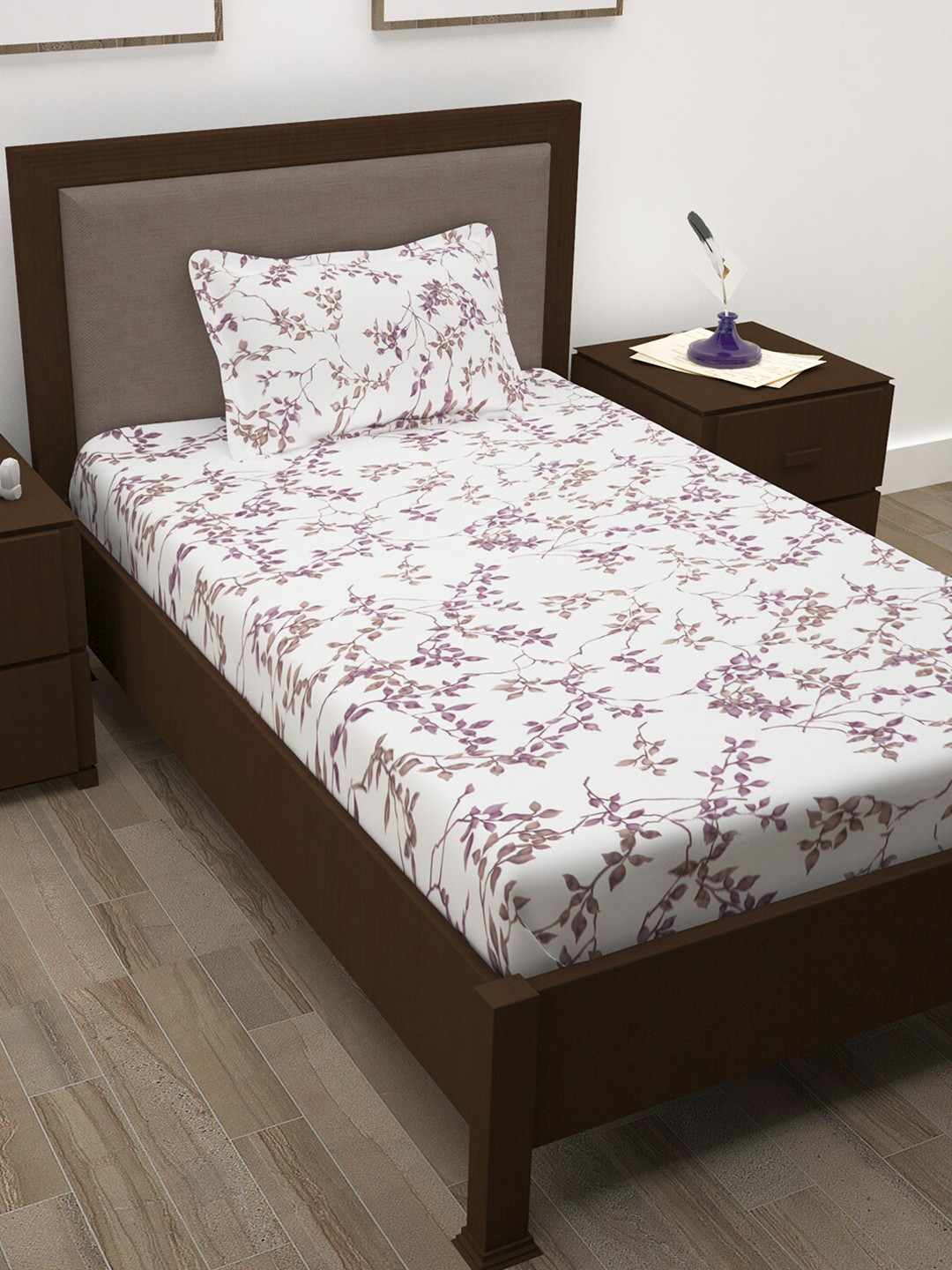 

Story@home White & Purple Printed Cotton 144 TC Single Bedsheet with Pillow Cover