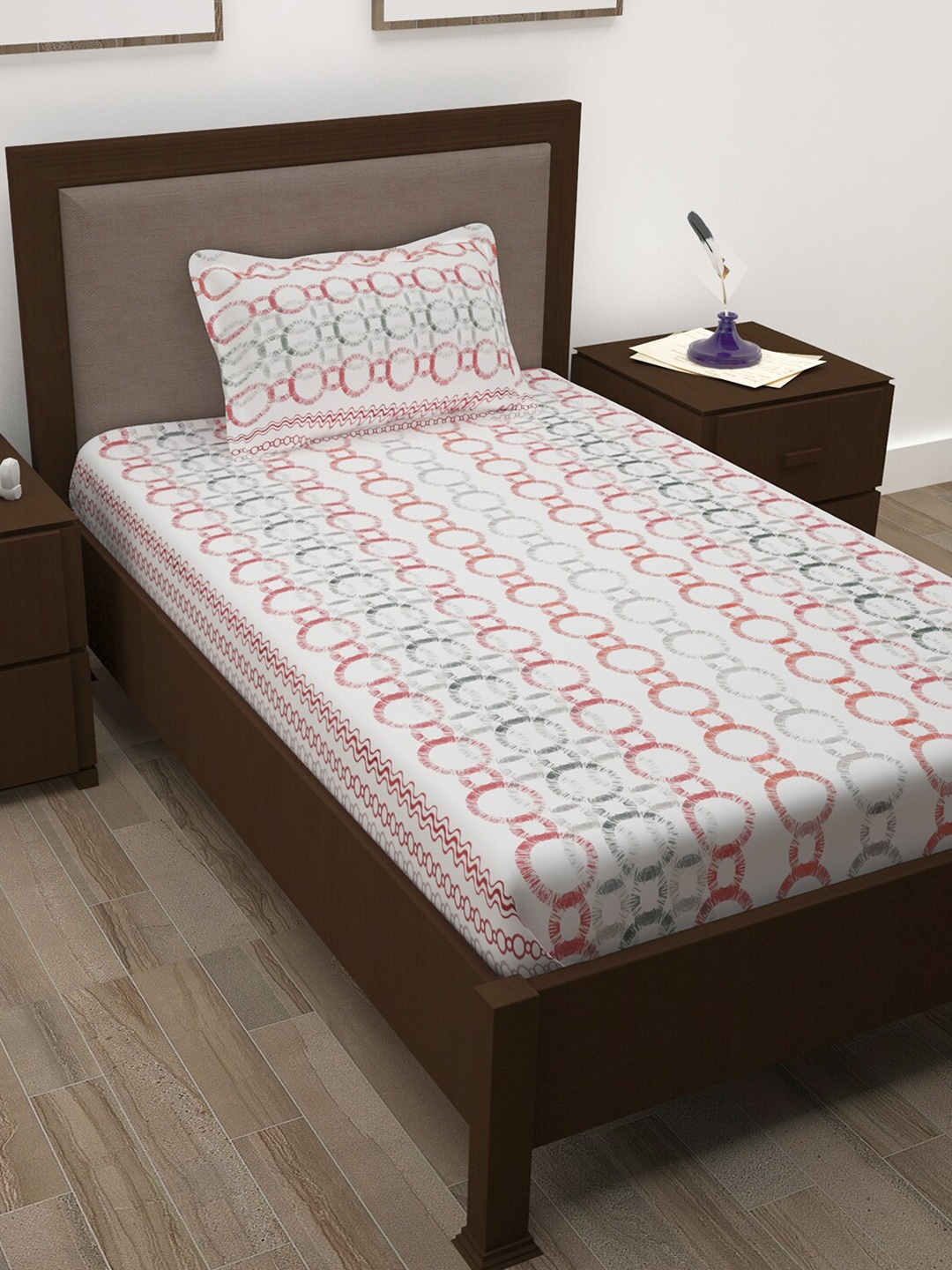

Story@home White & Grey Printed Cotton 144 TC Single Bedsheet with Pillow Cover