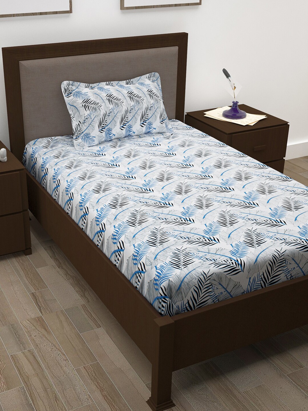 Story@home Grey & Blue Floral Cotton 144 TC Single Bedsheet with 1 Pillow Cover