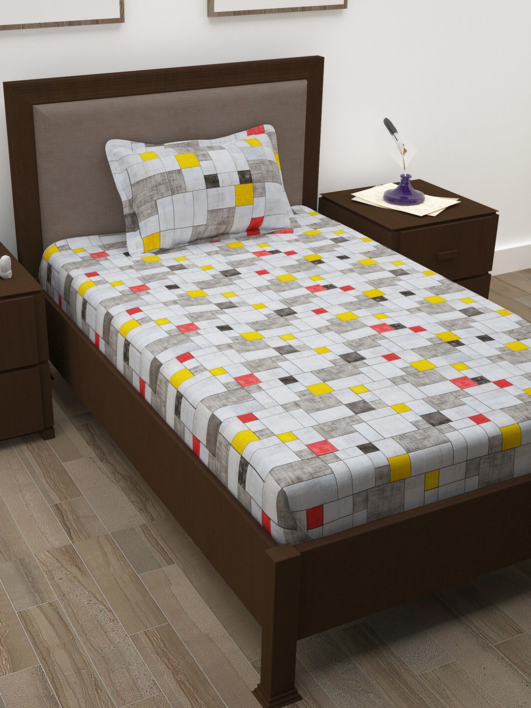 

Story@home White & Grey Geometric Cotton 144 TC Single Bedsheet with 1 Pillow Cover