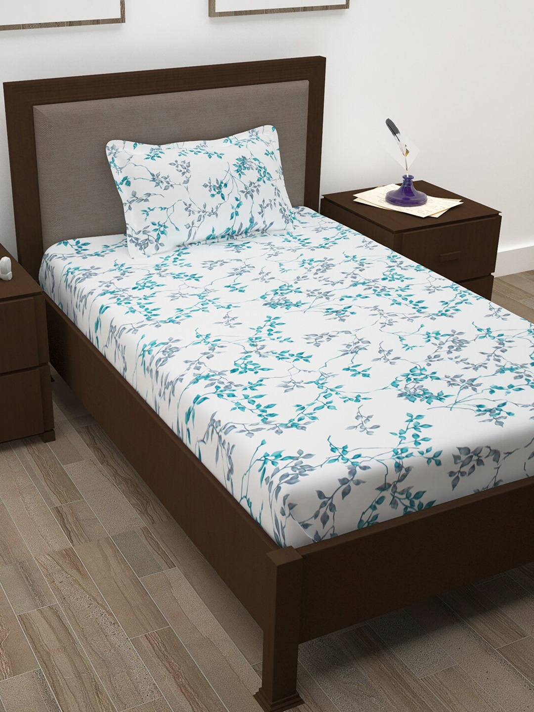 

Story@home White & Blue Floral Cotton 144 TC Single Bedsheet with 1 Pillow Cover