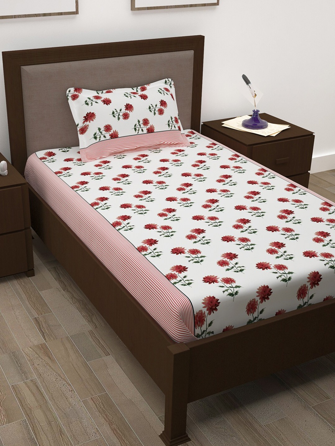 

Story@home White & Red Floral Cotton 144 TC Single Bedsheet with 1 Pillow Cover