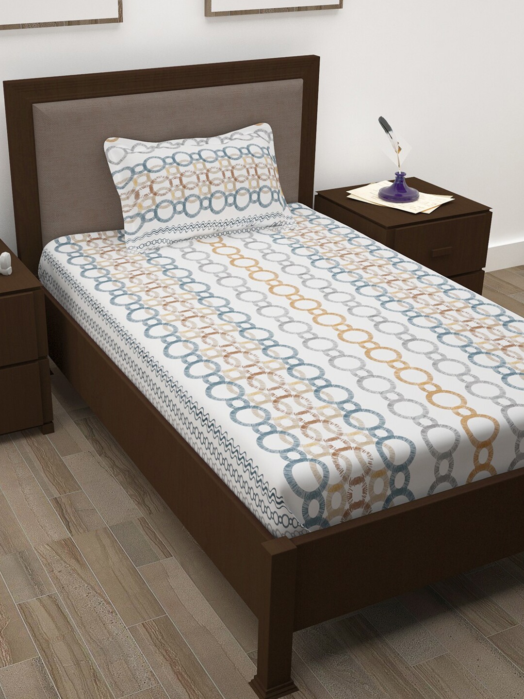 

Story@home White & Yellow Printed Cotton 144 TC Single Bedsheet with Pillow Cover