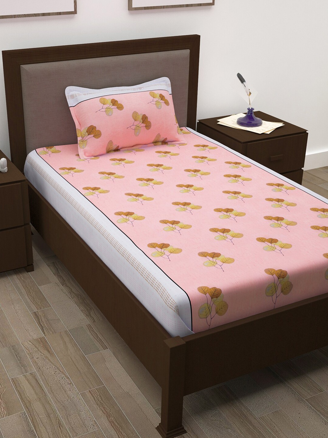 

Story@home Pink & Brown Printed Cotton 144 TC Single Bedsheet with Pillow Cover