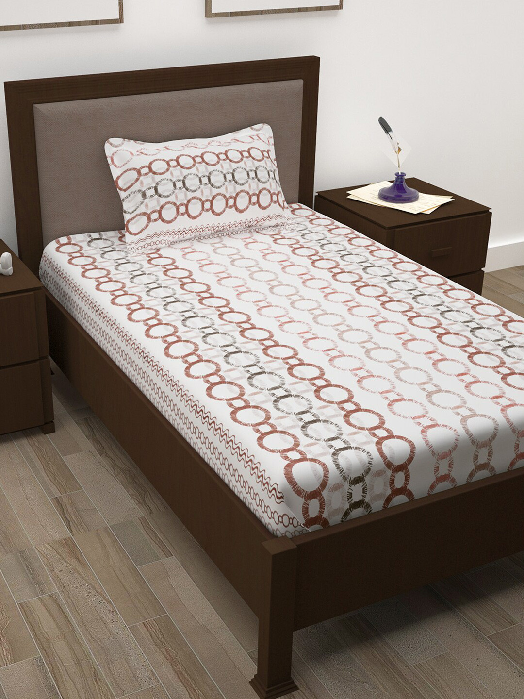 

Story@home White & Brown Geometric Cotton 144 TC Single Bedsheet with 1 Pillow Cover