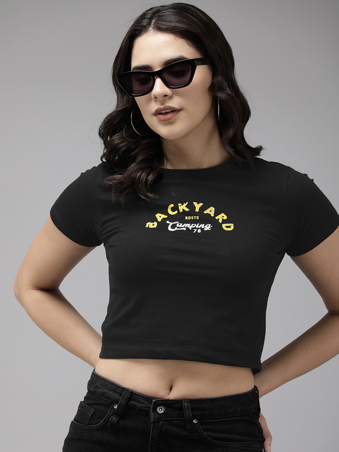 

Roadster Typography Printed Bio Finish Slim Fit Crop T-shirt, Black
