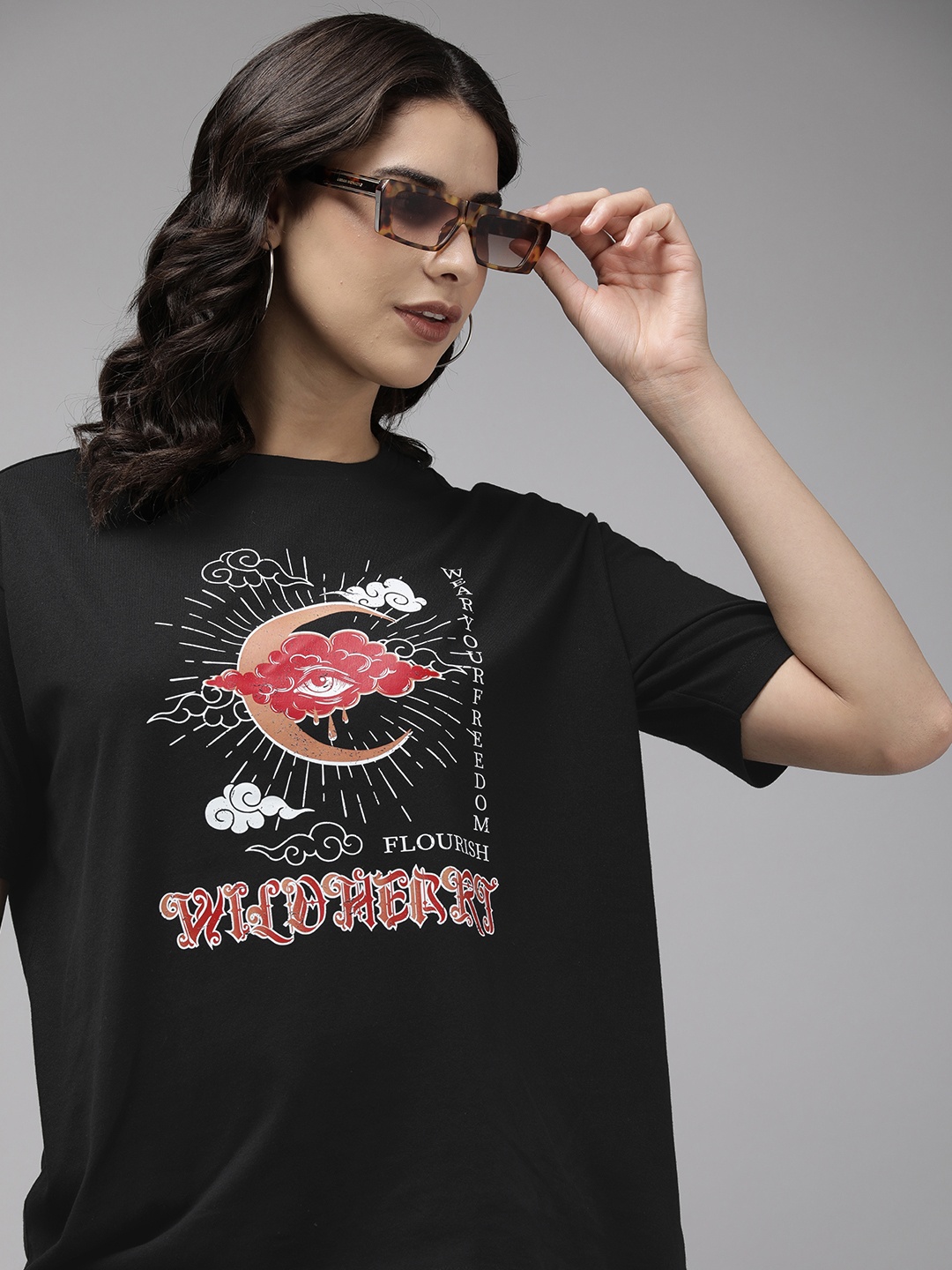 

Roadster Printed Drop-Shoulder Sleeves Oversized Bio Finish T-shirt, Black