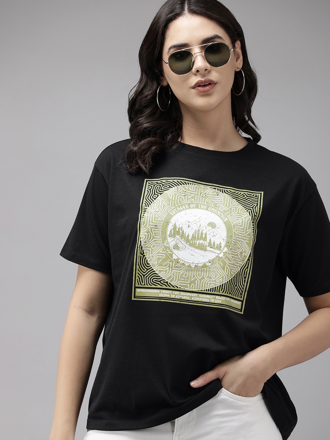 

Roadster Women Printed Cotton Bio Finish T-shirt, Black