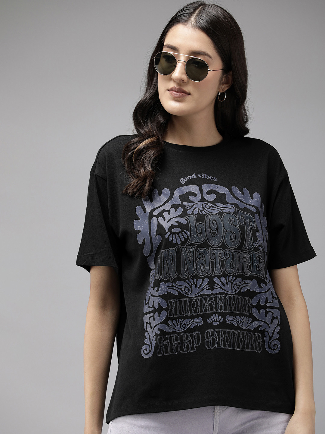 

Roadster Women Printed Drop-Shoulder Sleeves Cotton Bio Finish T-shirt, Black