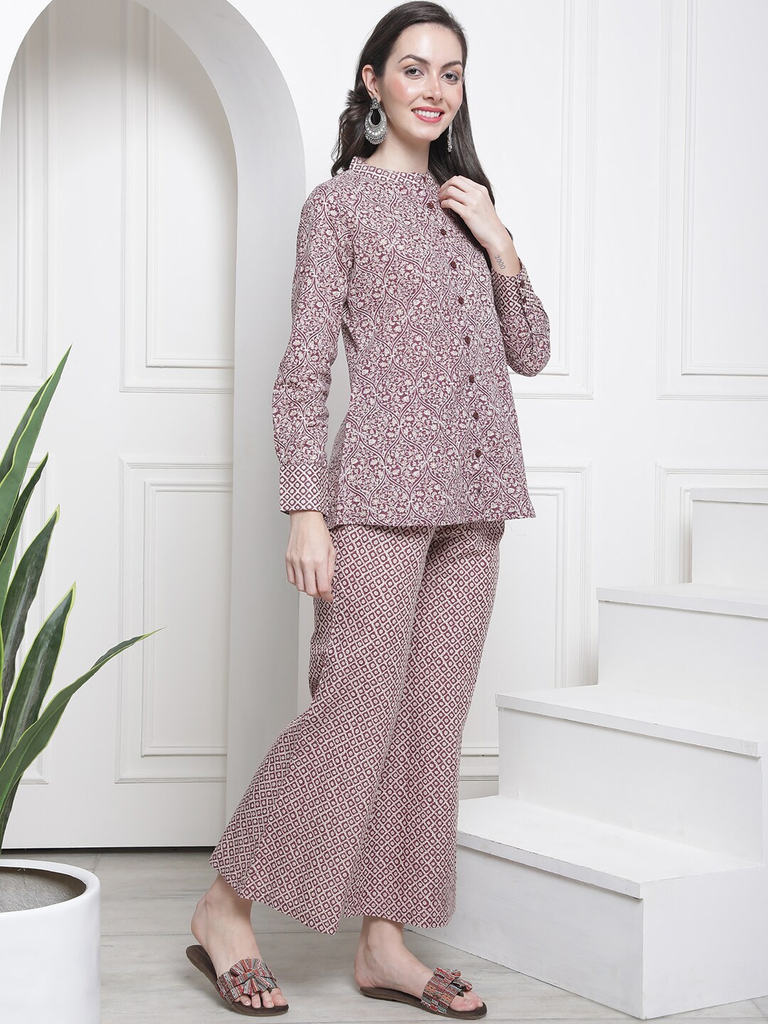

Claura Purple Ethnic Motifs Printed Pure Cotton Shirt With Flared Palazzos