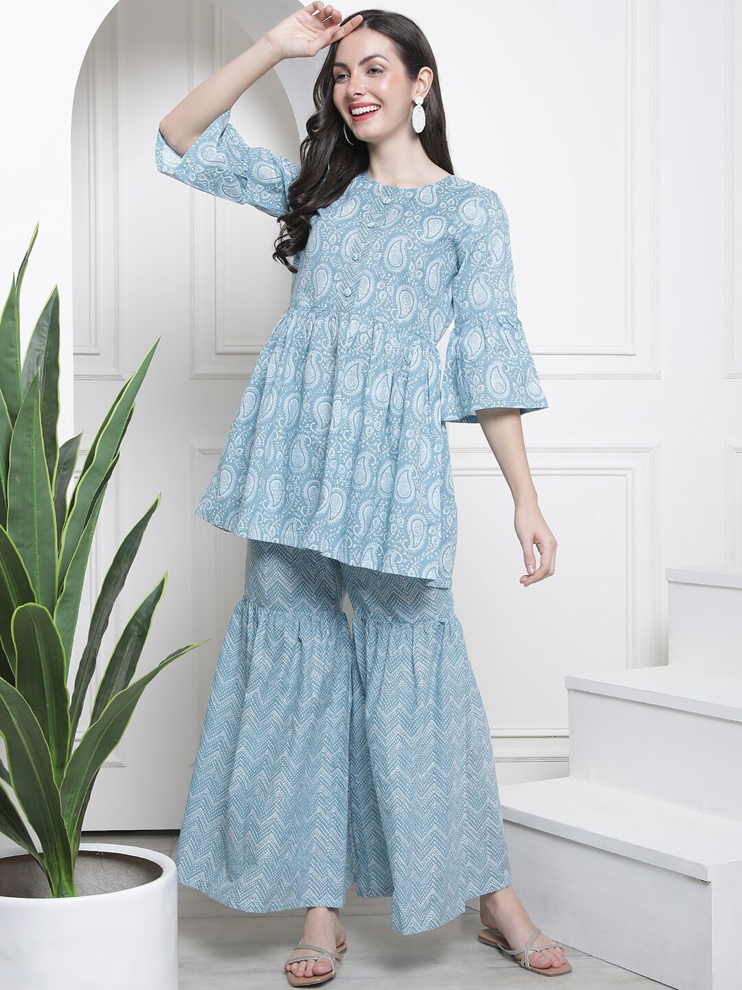 

Claura Blue Ethnic Motifs Printed Pure Cotton Kurti Set