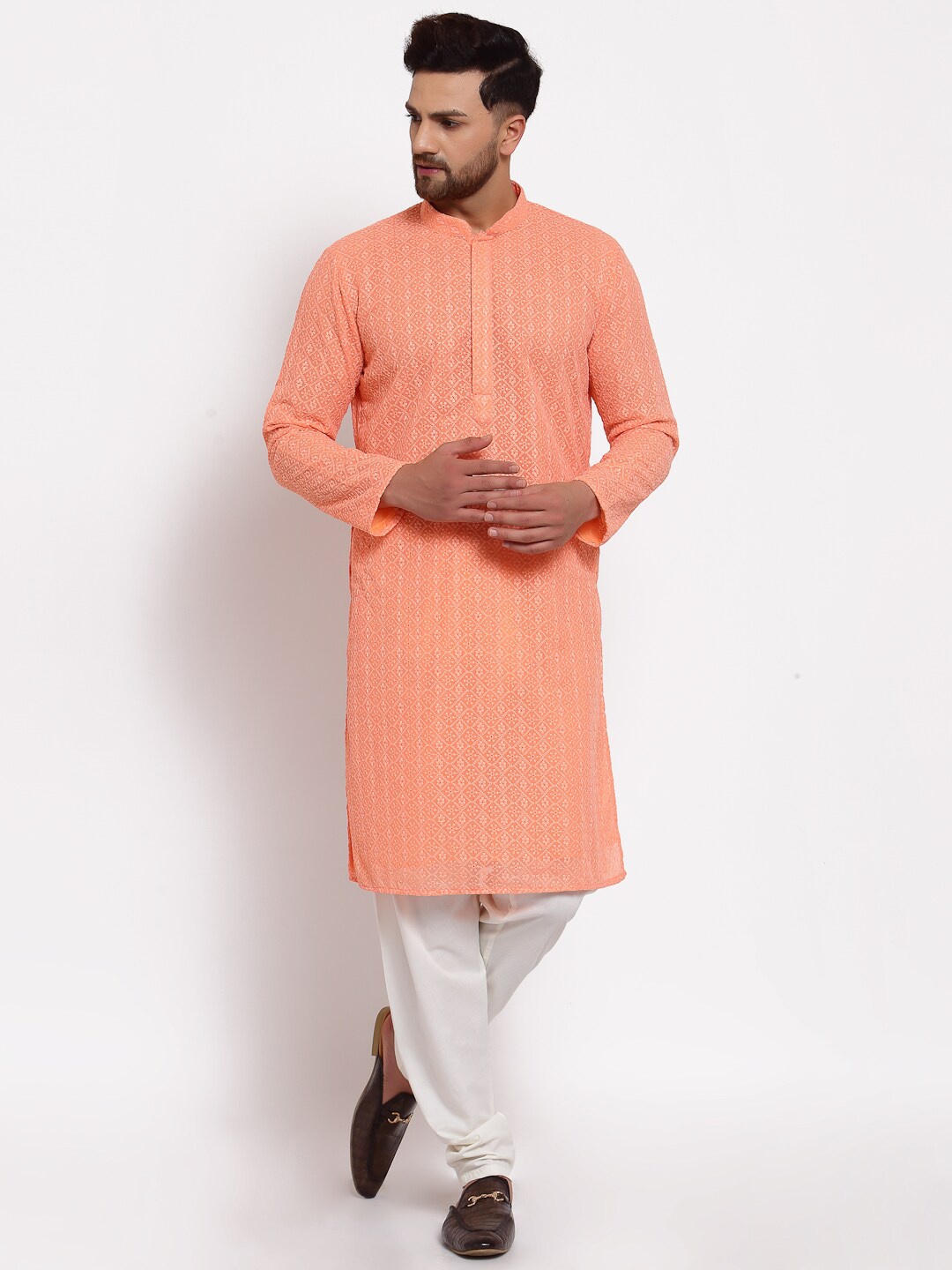 

MOHANLAL SONS Ethnic Motifs Embroidered Mandarin Collar Straight Kurta With Churidar, Peach