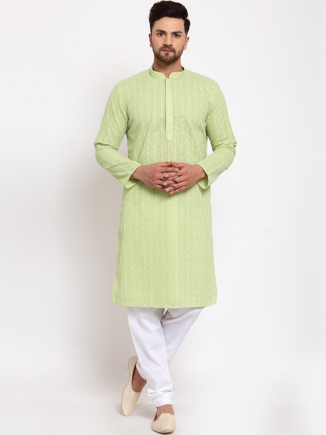 

MOHANLAL SONS Ethnic Motifs Embroidered Mandarin Collar Straight Kurta With Churidar, Green