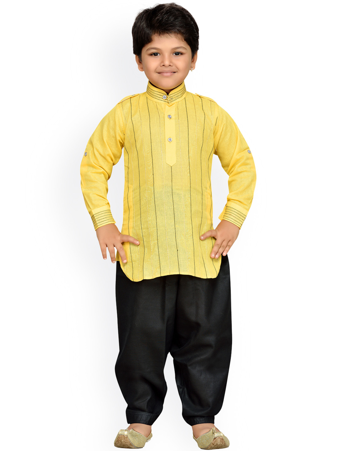 

Aj DEZInES Boys Yellow & Black Self-Design Kurta with Salwar