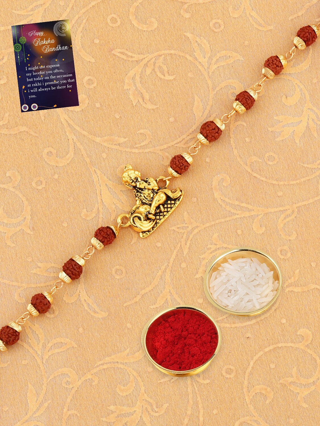 

Silver Shine Set Of 2 Beaded Rakhi With Roli Chawal & Greeting Card, Gold
