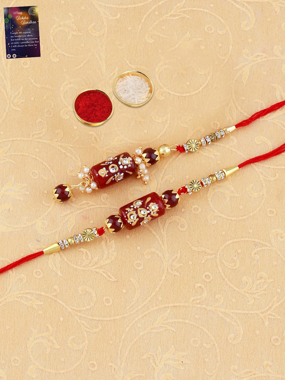 

Silver Shine Set Of 3 Bhaiya Bhabhi Rakhi & Roli Chawal with Card Pooja Thali, Red