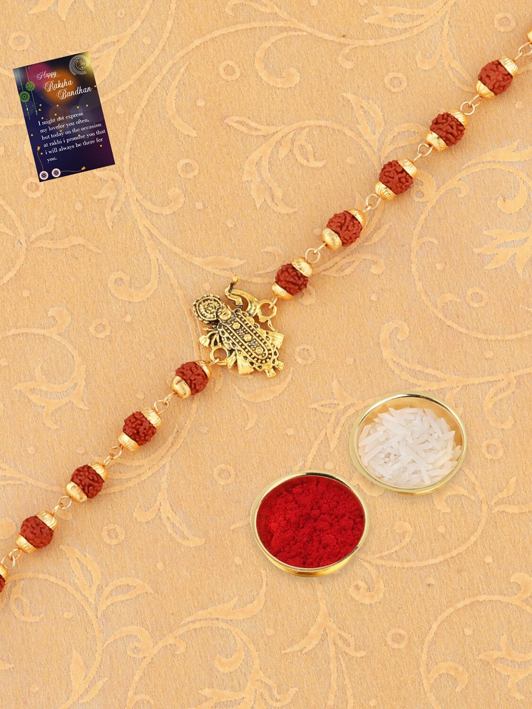 

Silver Shine Set Of 2 Rakhi For Bhaiya & Roli Chawal Card Pooja Thali Gift Set, Red