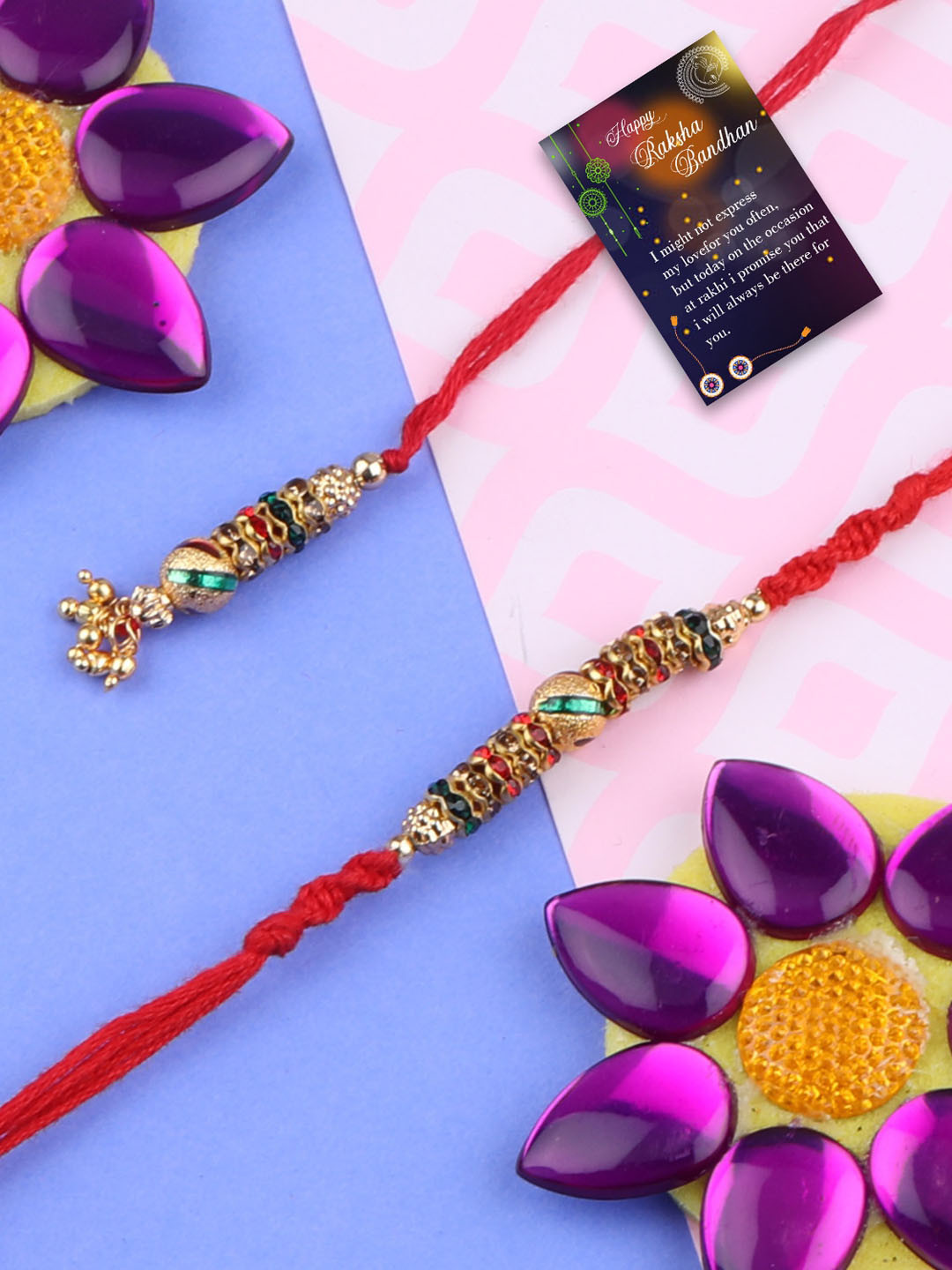 

Silver Shine Pack Of 3 Rakhi For Bhabhi Bhaiya With Roli Chawal Card Pooja Thali Gift Set, Gold