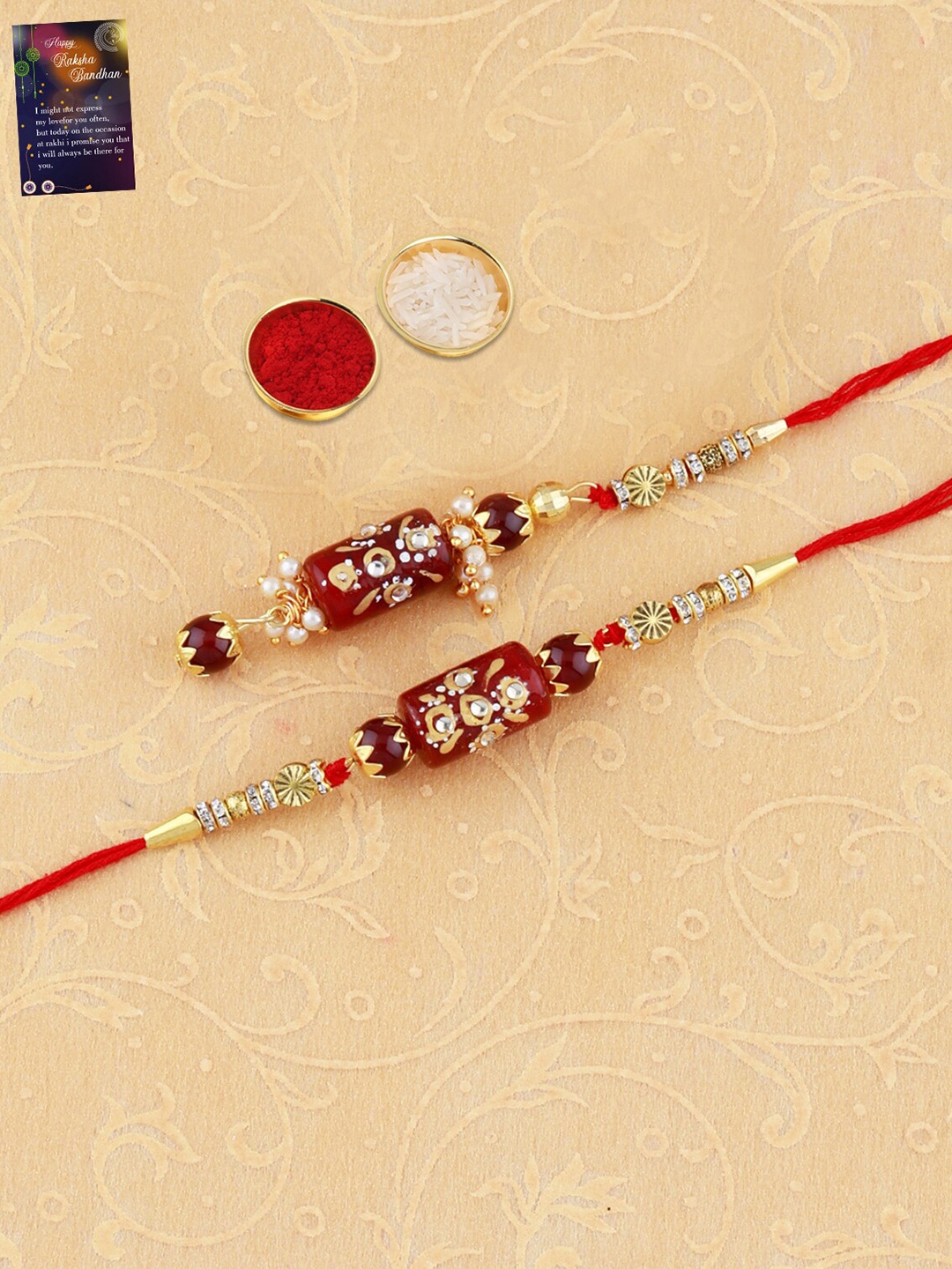 

Silver Shine Set Of 3 Rakhi For Bhaiya Bhabhi & Roli Chawal Card Pooja Thali Gift Set, Gold