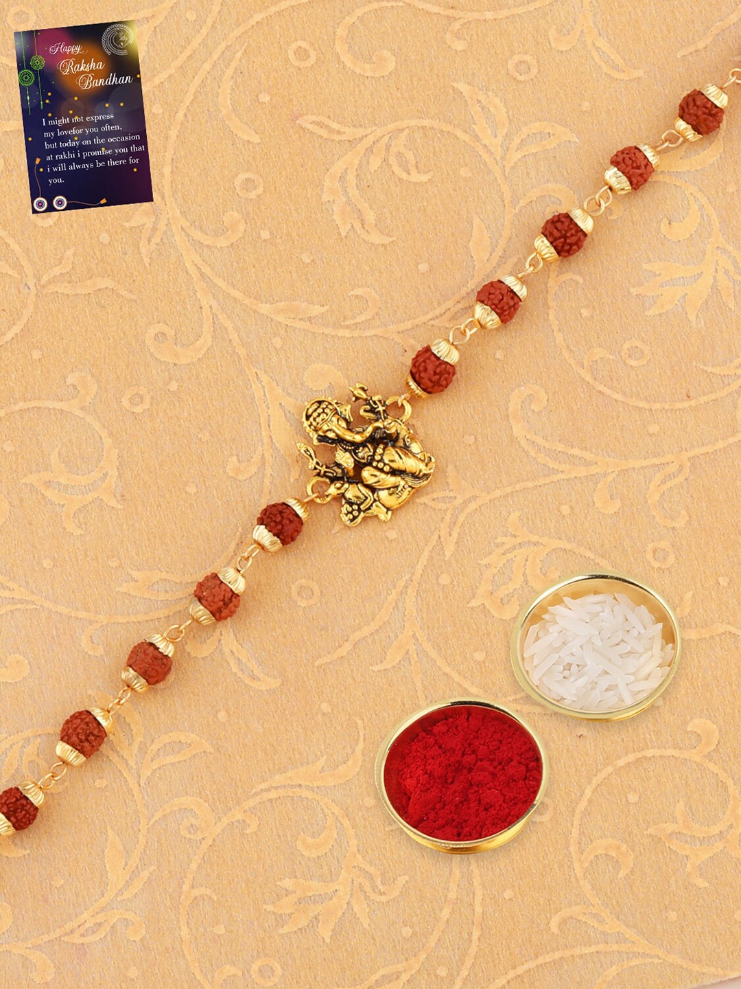 

Silver Shine Men Set Of 2 Thread Rakhis Comes With Roli Chawal & Greeting Card, Gold