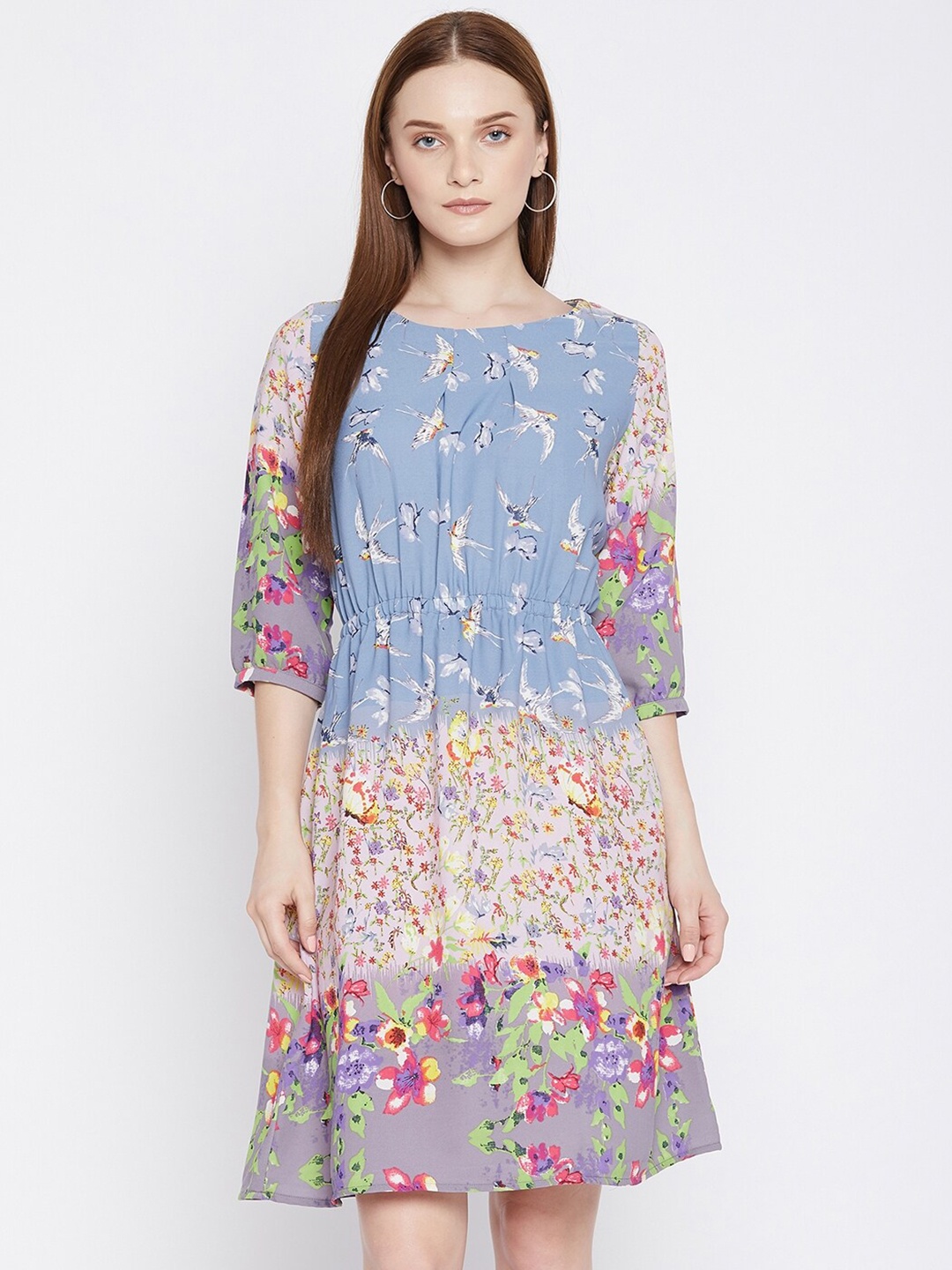 

BAESD Multicoloured Floral Print Georgette A-Line Dress, Multi