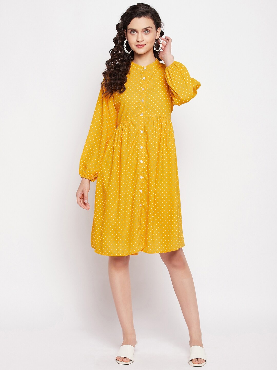 

BAESD Yellow Print Puff Sleeve Crepe A-Line Dress