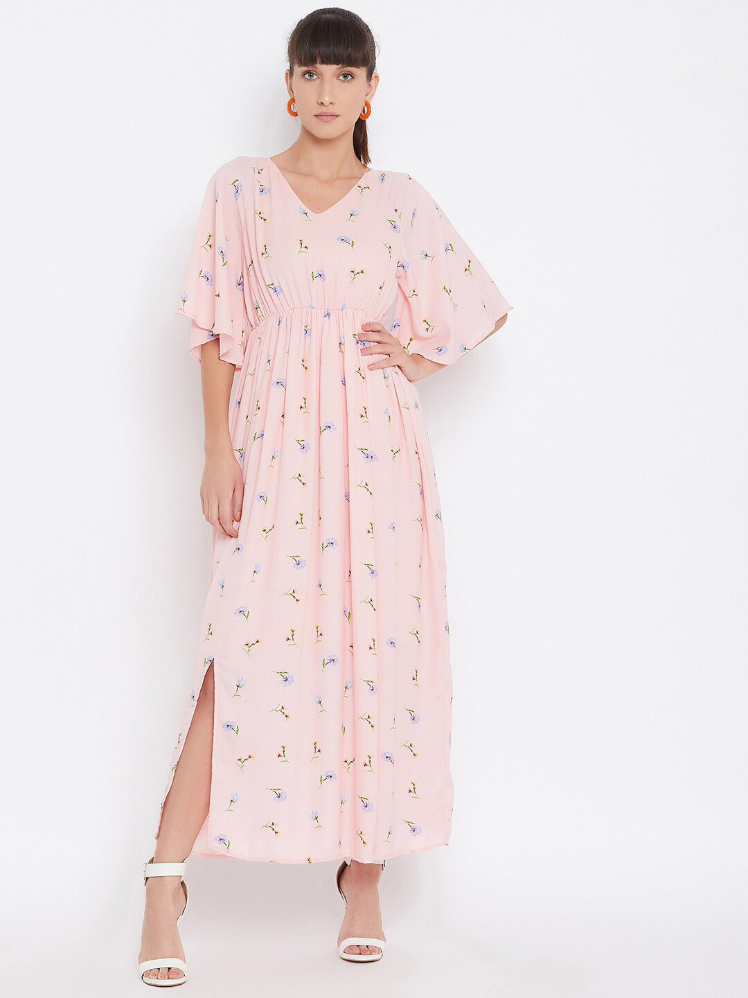 

BAESD Floral Printed Flared Sleeve Georgette Maxi Dress, Peach