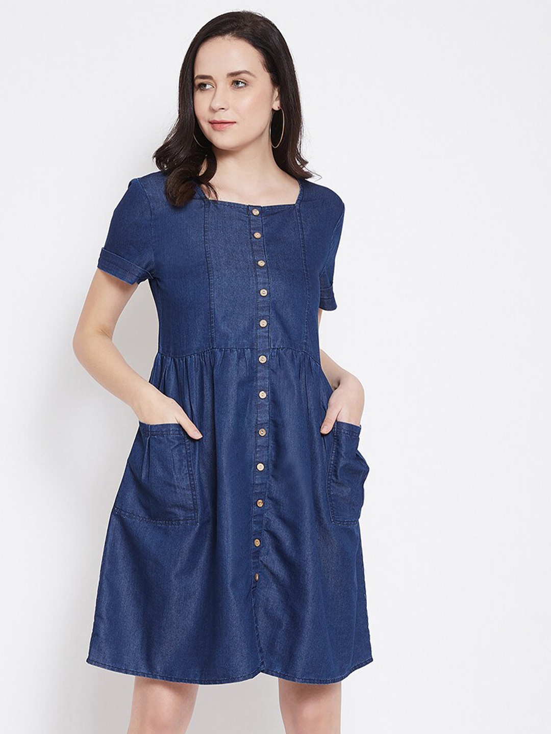 

BAESD Square Neck Gathered Denim A-Line Dress, Blue