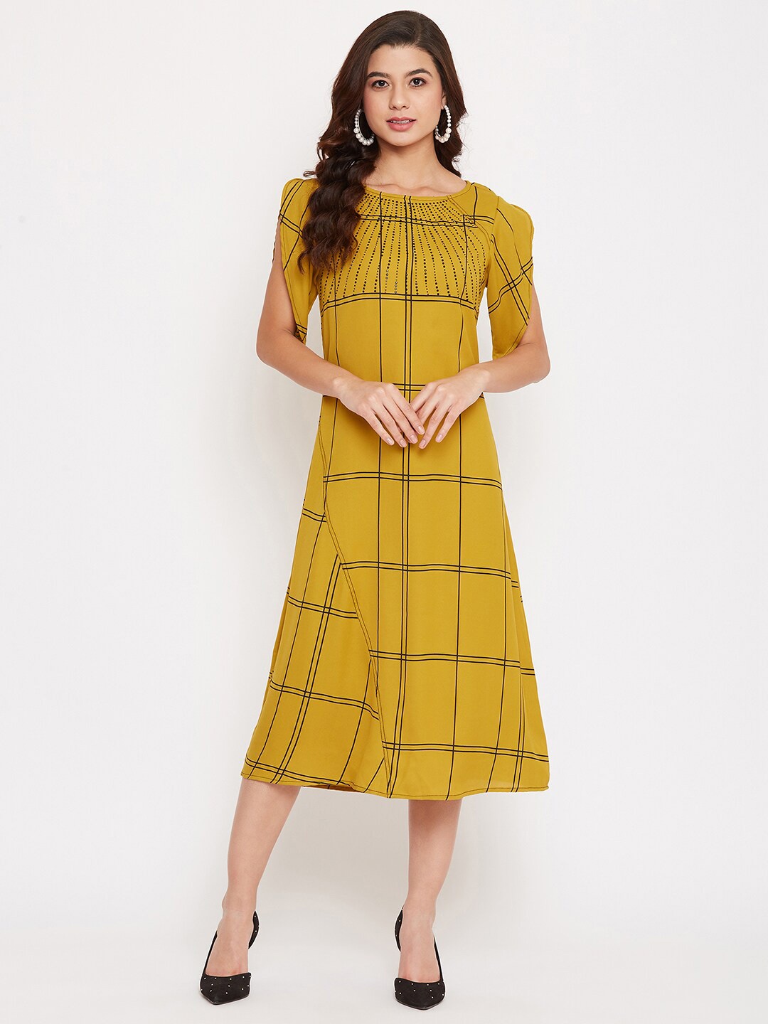 

BAESD Checked Boat Neck Flutter Sleeve Georgette A-Line Midi Dress, Mustard