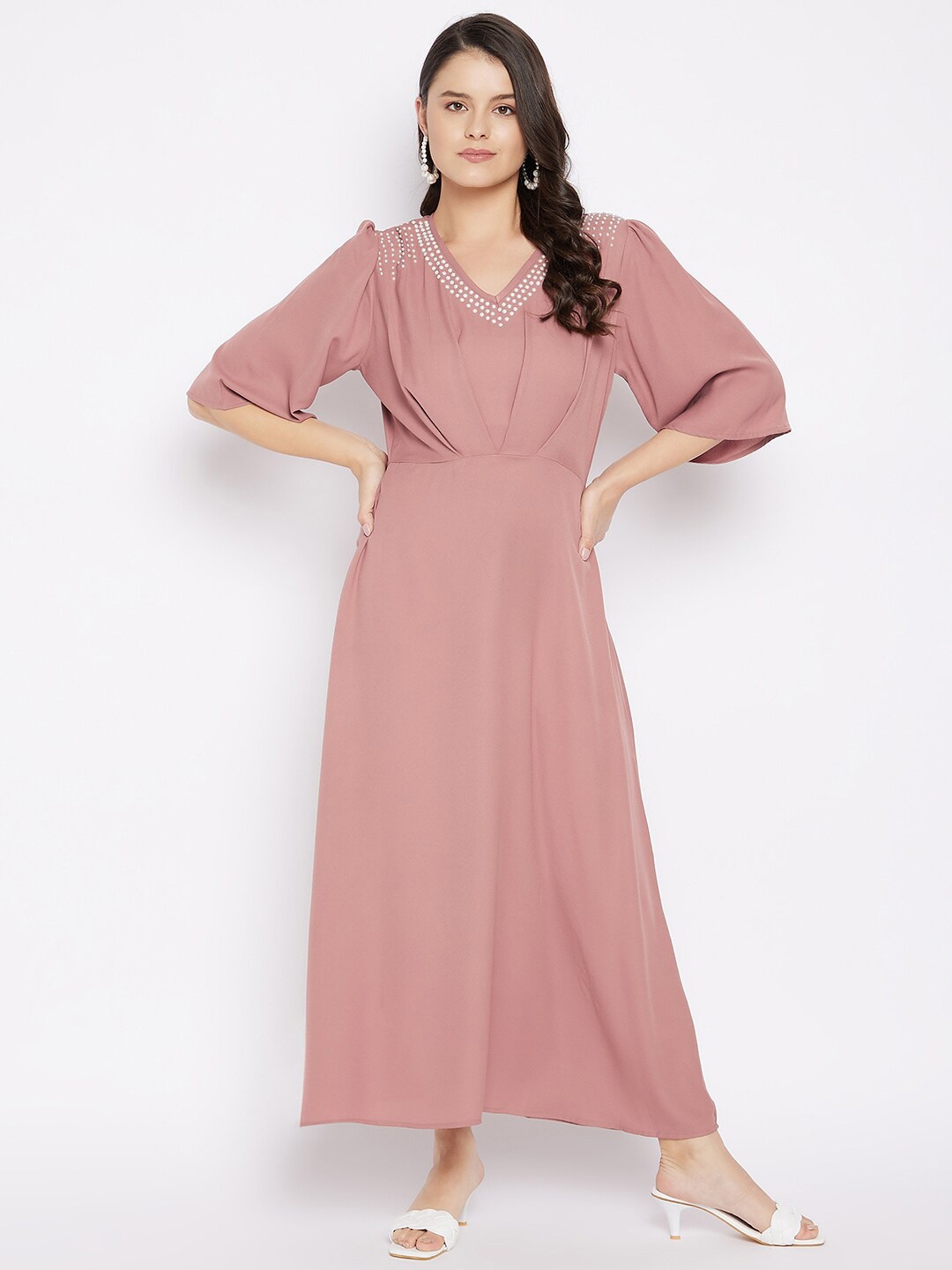 

BAESD Embellished Flared Sleeve Georgette A-Line Maxi Dress, Peach