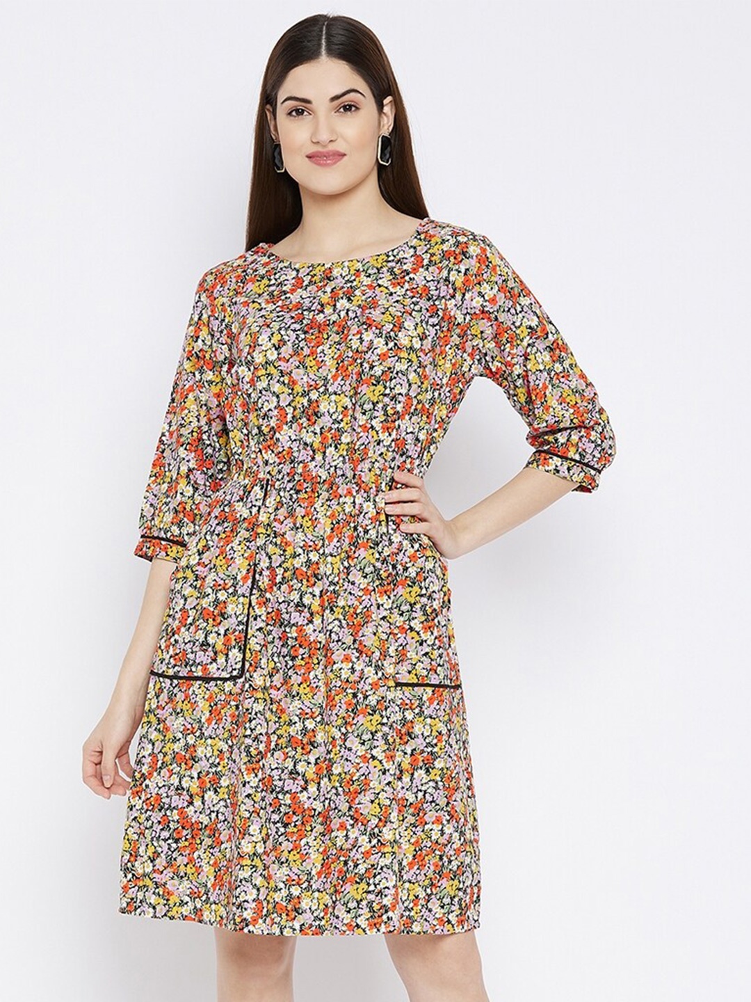 

BAESD Floral Printed Round Neck A-Line Dress, Beige
