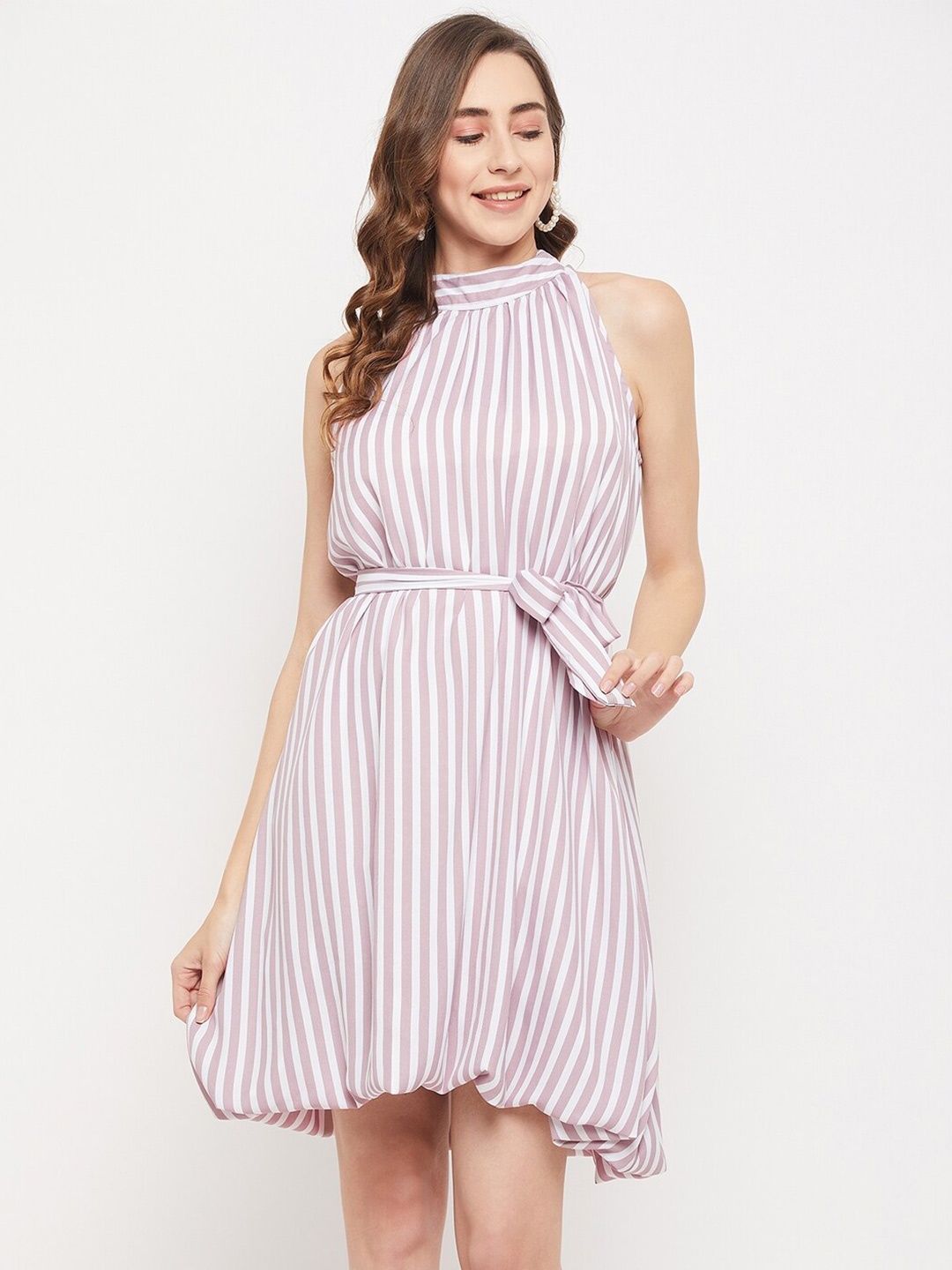 

BAESD Striped Halter Neck Georgette Tie & Up Fit & Flare Dress, White