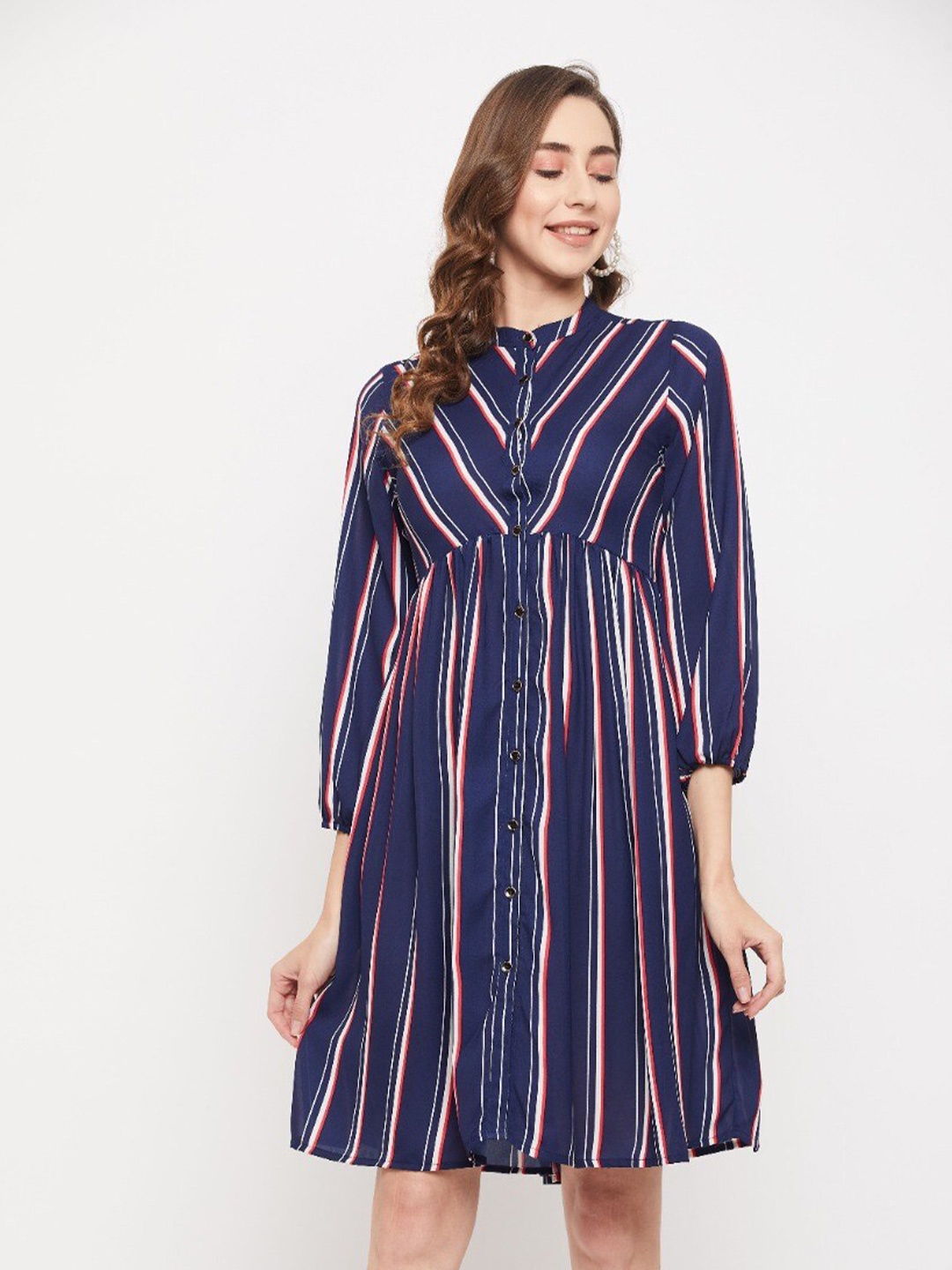 

BAESD Striped Mandarin Collar Shirt Dress, Navy blue