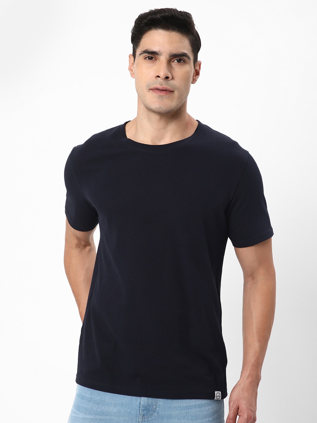 

R&B Round Neck Knitted Cotton T-Shirt, Blue