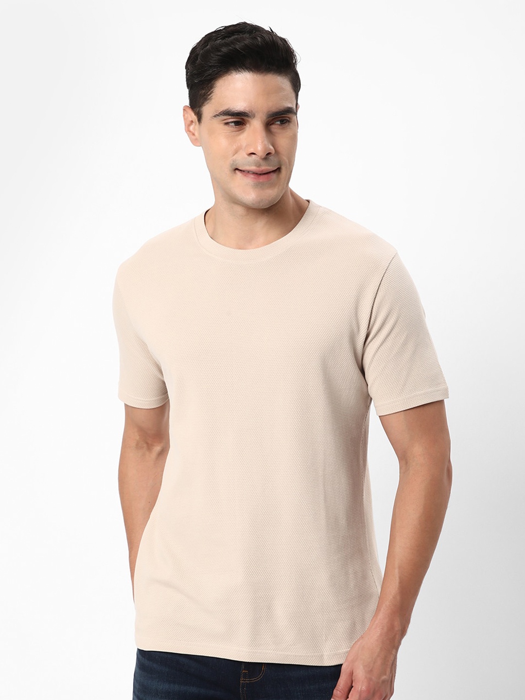 

R&B Round Neck Knitted Cotton T-Shirt, Beige