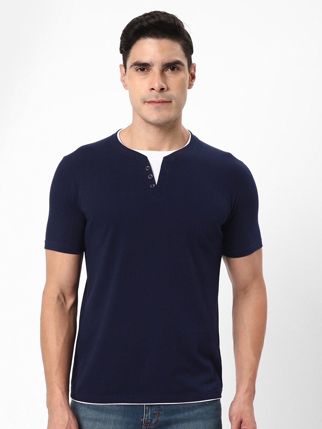 

R&B Henley Neck Cotton T-shirt, Blue