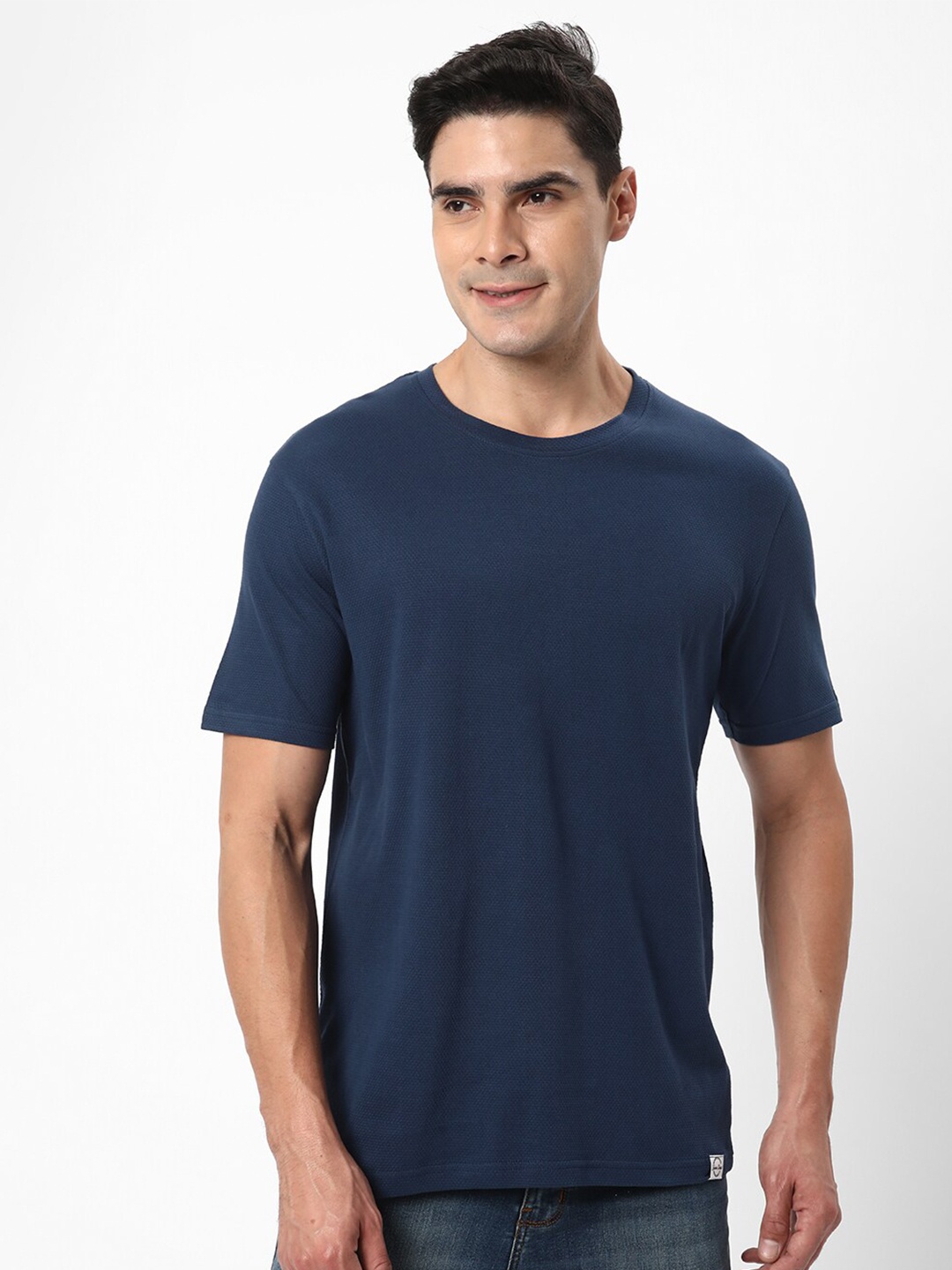 

R&B Round Neck Knitted Cotton T-Shirt, Blue