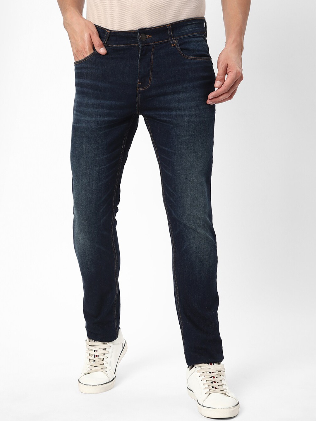 

R&B Men Skinny Fit Mid-Rise Light Fade Pure Cotton Jeans, Blue