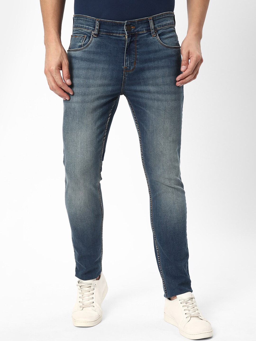 

R&B Men Skinny Fit Mid-Rise Light Fade Pure Cotton Jeans, Blue