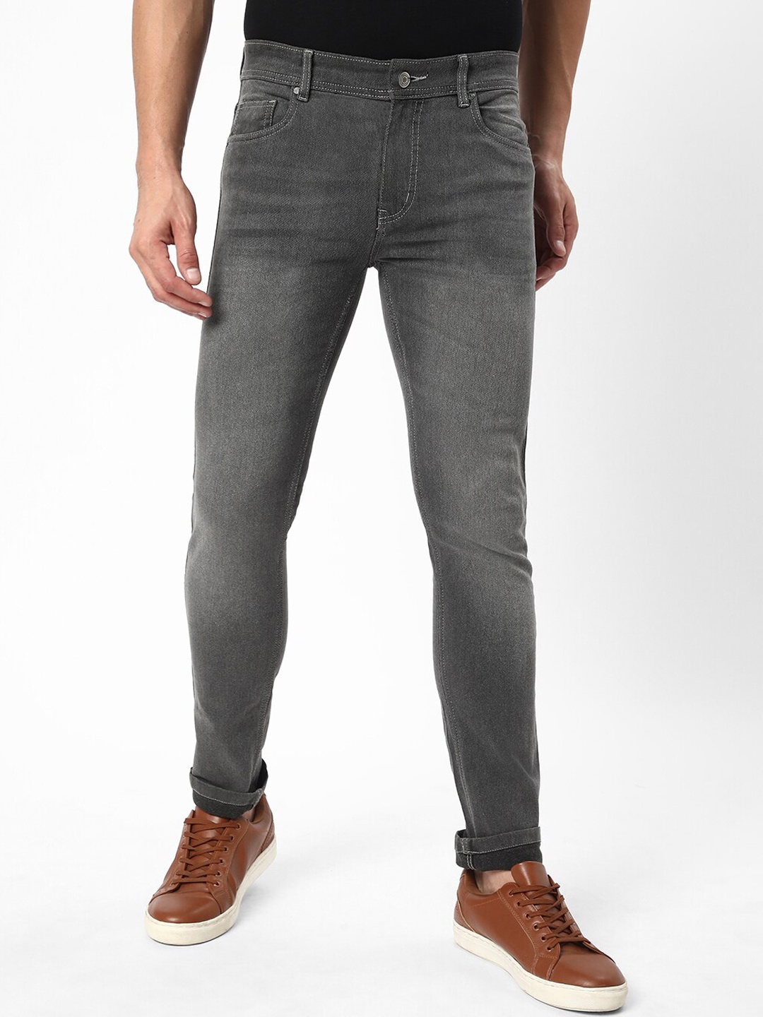

R&B Men Skinny Fit Mid-Rise Light Fade Pure Cotton Jeans, Grey