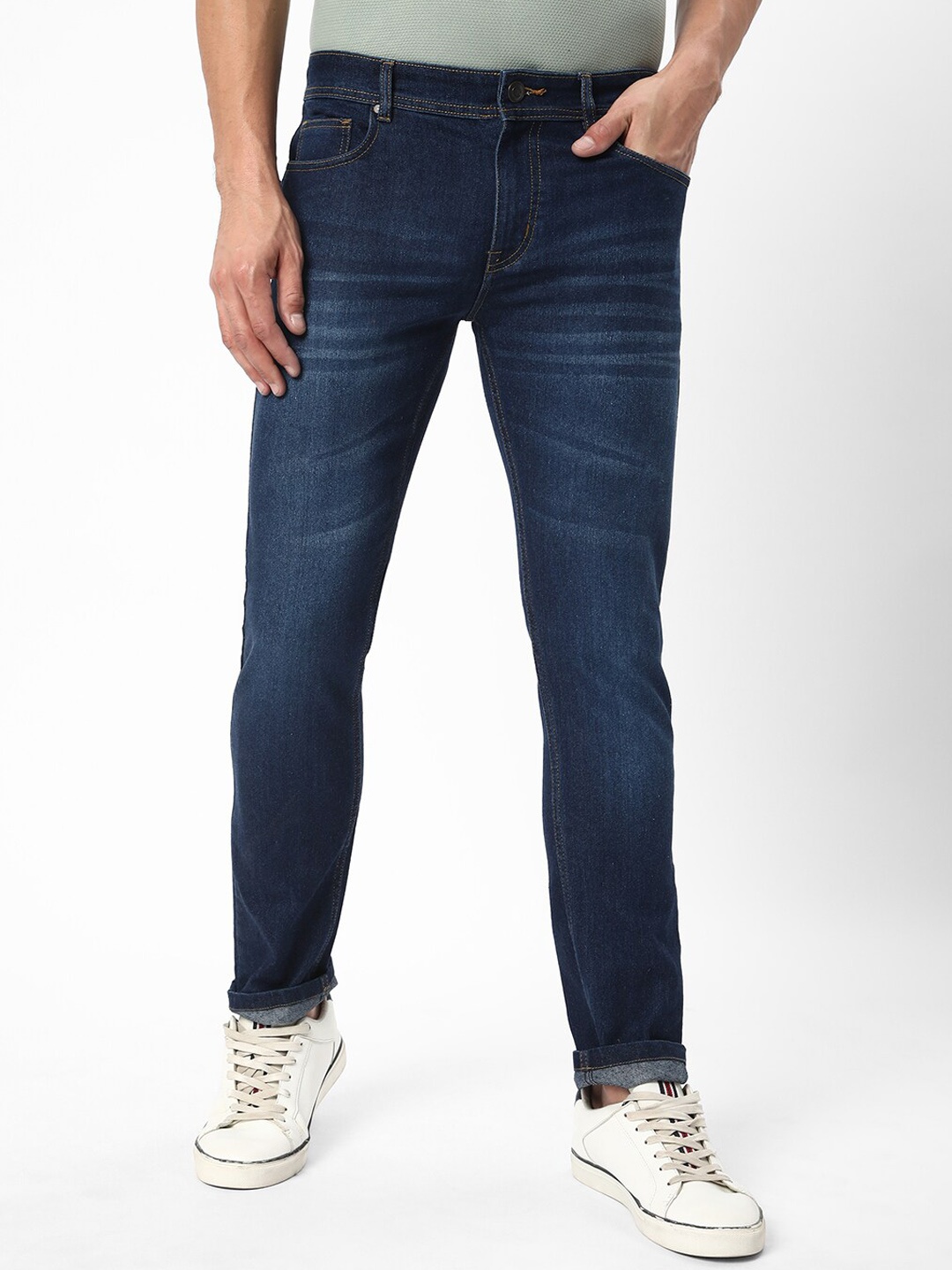 

R&B Men Skinny Fit Mid-Rise Light Fade Pure Cotton Jeans, Blue