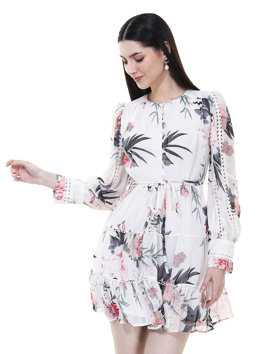 

TSM Floral Printed Tie-Ups Georgette Fit & Flare Mini Dress, White