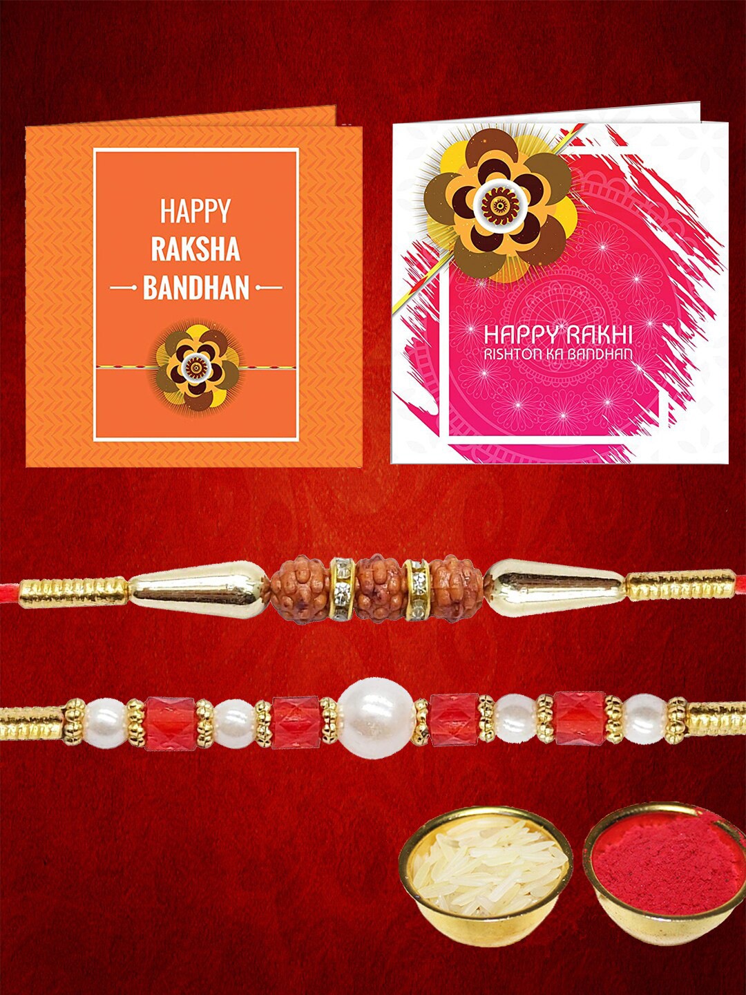 

Anouk Set Of 2 Stone Studded Rakhi Greeting Card & Roli Chawal, Red