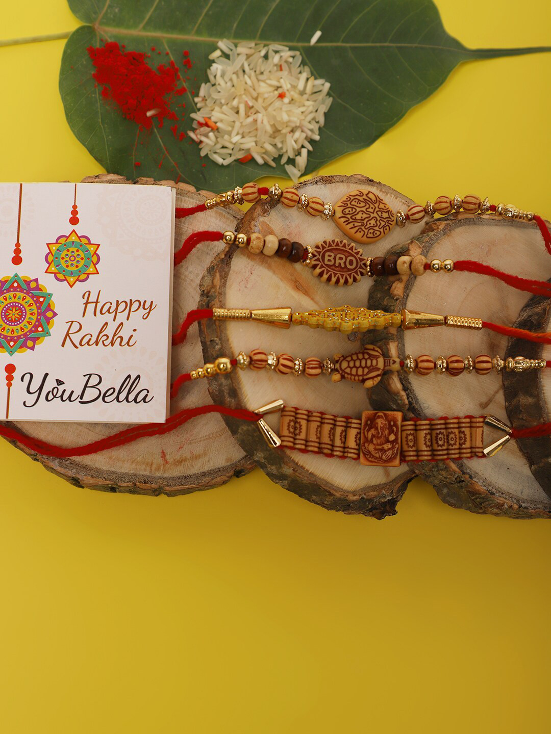 

Anouk Set Of 5 Beaded Rakhis With Roli Rice & Greeting Card, Red