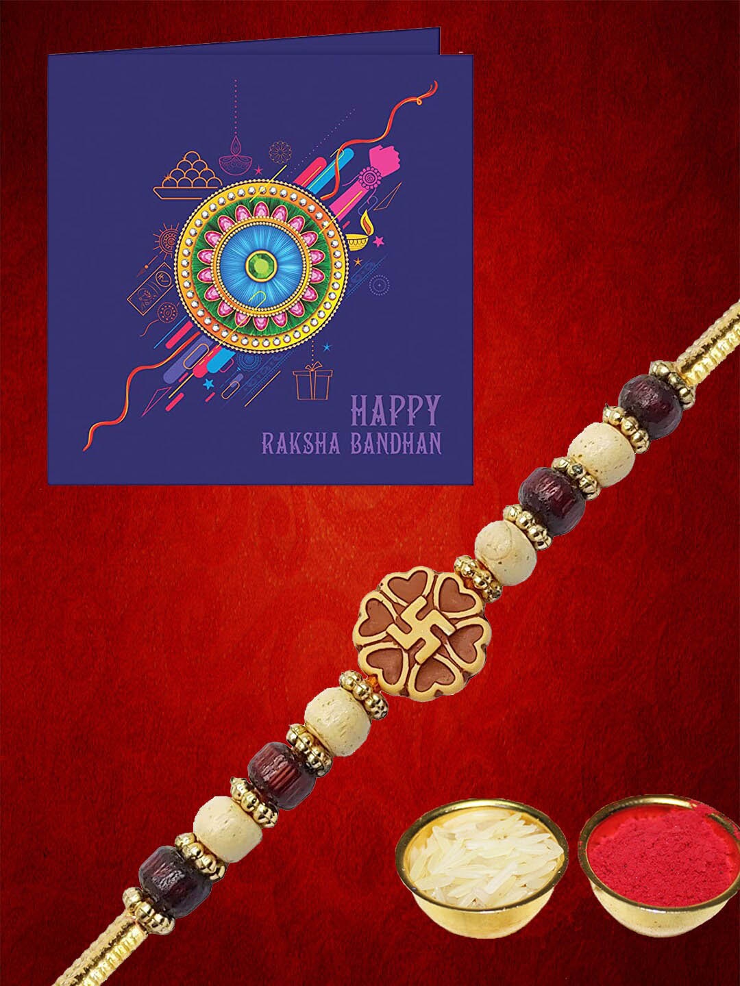 

Anouk Om Charm Beaded Rakhi Greeting Card & Roli Chawal Card Brother Gift Set, Gold