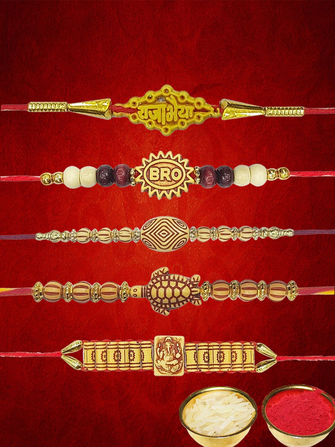 

Anouk Unisex Set Of 5 Beaded Rakhi, Gold